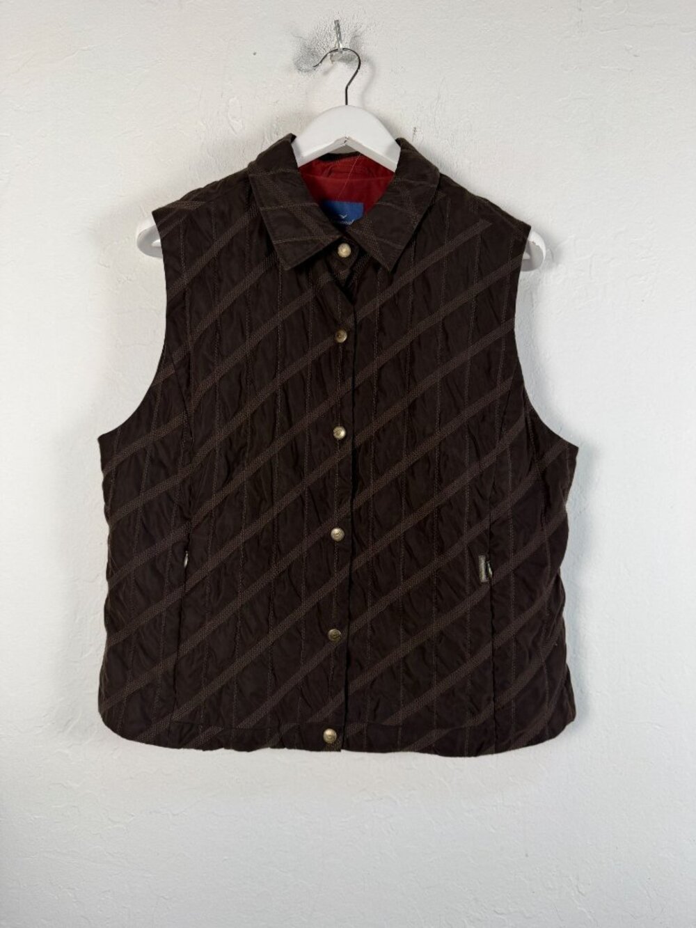 Façonnable Women Quilted Vest Brown Diagonal Stripe Snap Front Collared Gilet XL